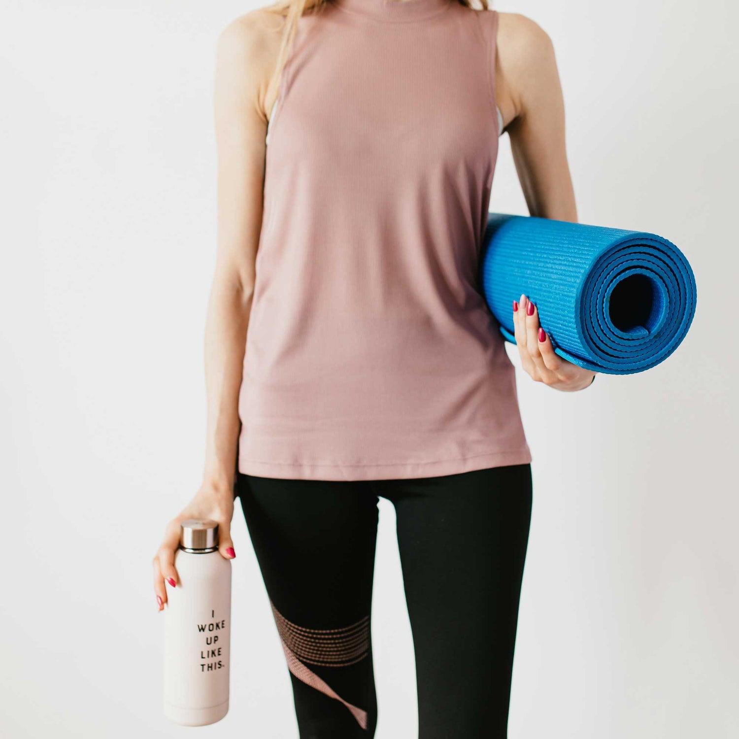 pink shirt yoga mat